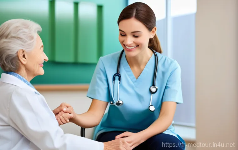 의료관광코디네이터 유망 취업처 - **A compassionate medical tourism coordinator providing reassuring support to an elderly patient and...