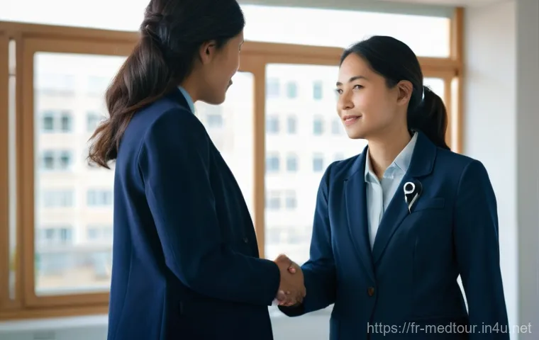 의료관광코디네이터 외국인 환자 응대 노하우 - **Prompt:** A warm and respectful interaction between a female medical tourism coordinator, dressed ...