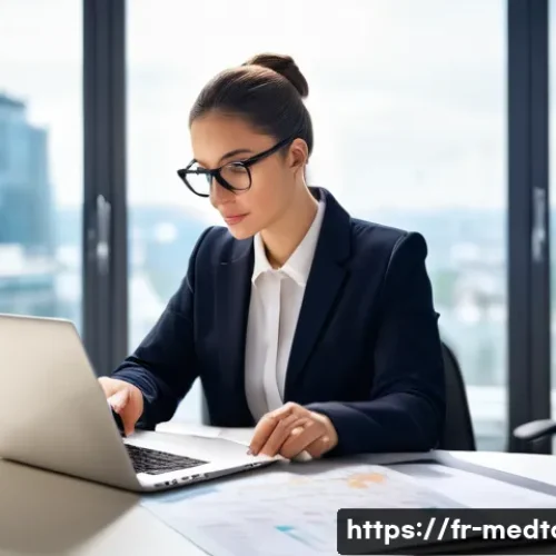 의료관광코디네이터가 꼭 알아야 할 의료법 - A professional medical tourism coordinator in a modern European office setting, carefully reviewing ...