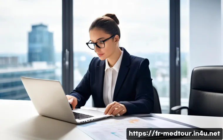 의료관광코디네이터가 꼭 알아야 할 의료법 - A professional medical tourism coordinator in a modern European office setting, carefully reviewing ...