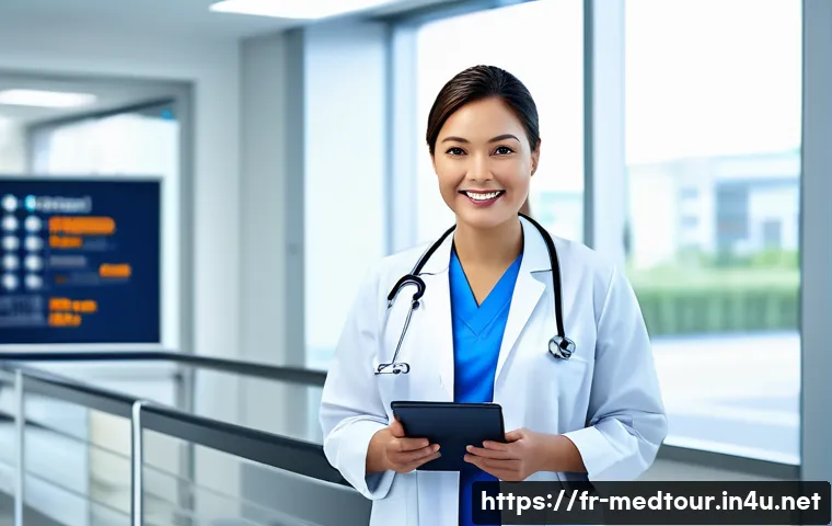 의료관광코디네이터 실무 교육 사례 - A professional medical tourism coordinator in a modern hospital setting, attentively managing patien...