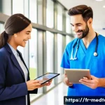 Home 21 의료관광코디네이터 자격증 취득 후 진로 - A professional medical tourism coordinator warmly greeting an international patient at a modern Fren...