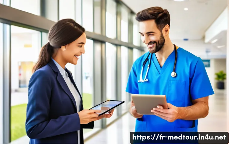 의료관광코디네이터 자격증 취득 후 진로 - A professional medical tourism coordinator warmly greeting an international patient at a modern Fren...
