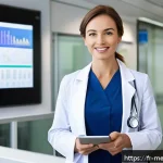 Home 20 의료관광코디네이터 이직 시 고려사항 - A professional medical tourism coordinator in a modern European hospital setting, wearing smart busi...