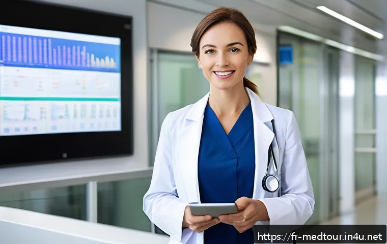 의료관광코디네이터 이직 시 고려사항 - A professional medical tourism coordinator in a modern European hospital setting, wearing smart busi...