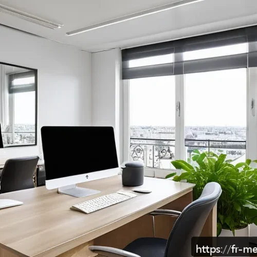 Home 31 의료관광코디네이터 워라밸 유지 방법 - A modern medical tourism coordinator’s workspace in a bright, ergonomic office in Paris, featuring a...