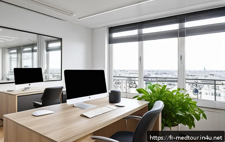 의료관광코디네이터 워라밸 유지 방법 - A modern medical tourism coordinator&rsquo;s workspace in a bright, ergonomic office in Paris, featuring a...