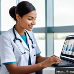 Home 18 의료관광코디네이터 직무 만족도 분석 - A professional medical coordinator in a modern hospital office, interacting with diverse internation...