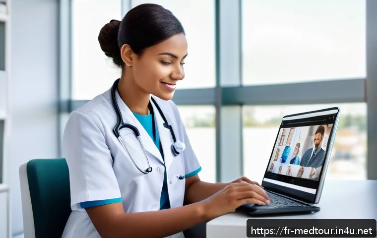 의료관광코디네이터 직무 만족도 분석 - A professional medical coordinator in a modern hospital office, interacting with diverse internation...