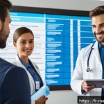 Home 23 의료관광코디네이터 관련 추천 강의 - A professional medical tourism coordinator in a modern European hospital lobby, dressed in smart bus...