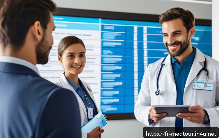 의료관광코디네이터 관련 추천 강의 - A professional medical tourism coordinator in a modern European hospital lobby, dressed in smart bus...