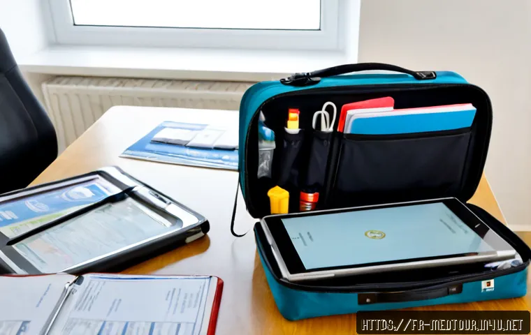 의료관광코디네이터 해외 출장 준비 팁 - Photorealistic medical tourism coordinator in a modern Paris apartment workspace, carefully packing ...